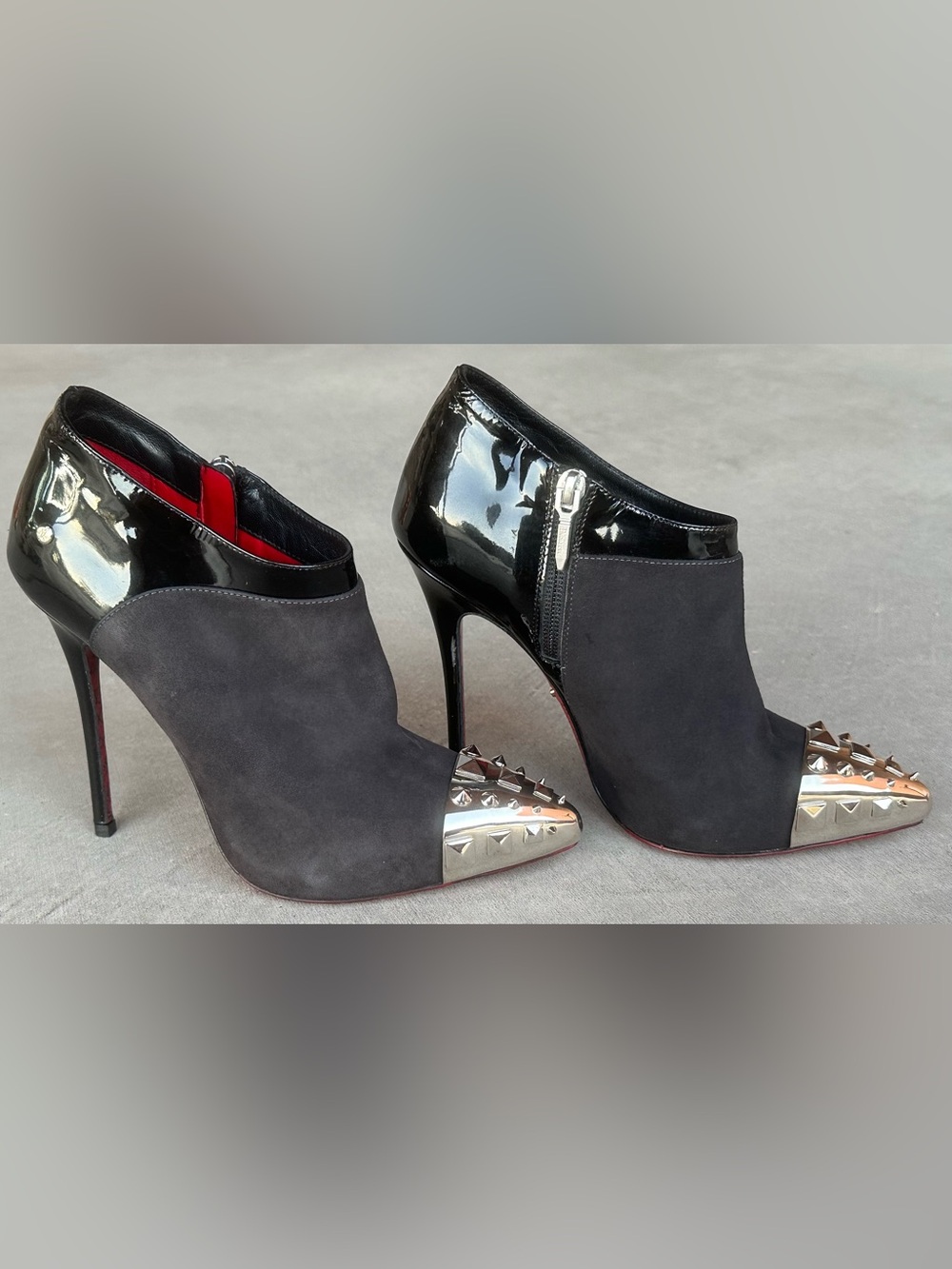 Cesare Paciotti Black Suede Patent Studded Metal Cap Toe Booties Ankle Boots 37